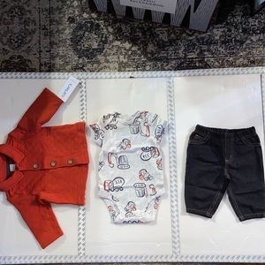 3-Piece Rust Quilted Jacket with Bodysuit and Cotton Blue Jeans, Sz 3 Months NEW